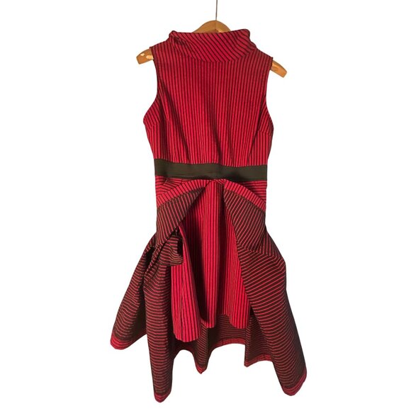 Eva Mendes Red Black Striped Fit & Flare Sleeveless Dress M Cowl Neck Belted - Picture 5 of 12